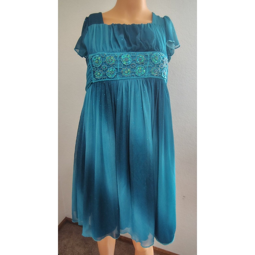 Vintage Y2K My Michelle Blue Turquoise Glittery Girls Babydoll Dress - Size 14